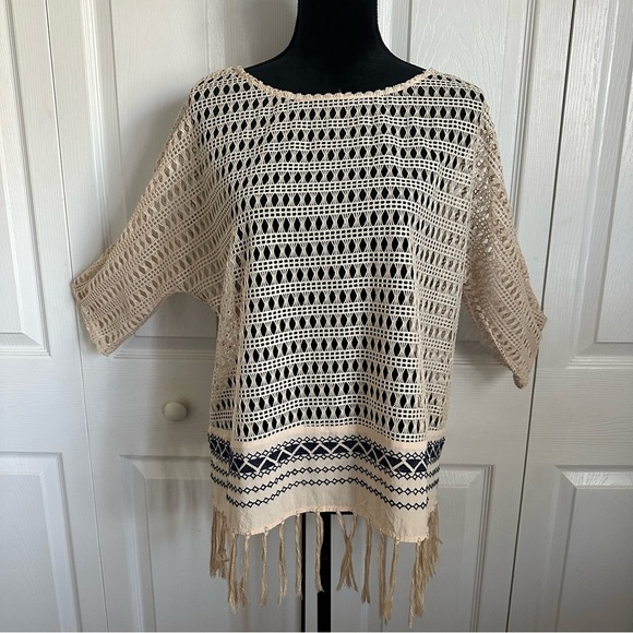 Umgee Fringe Crochet Open Weave Mesh Womens Top Sz S Boho Beach Flowy Festival - Picture 1 of 10
